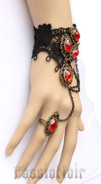 Pulseira + Anel com Cristais Preto e Vermelho